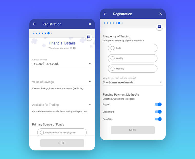 two mobile screens of Plus500 application questionnaire process