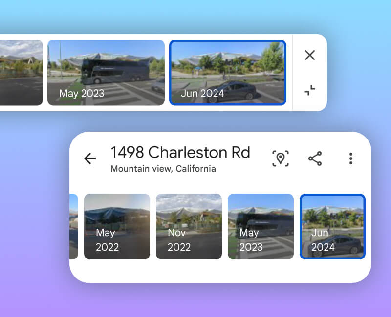 Google-Earth historical street view thumbnails panels