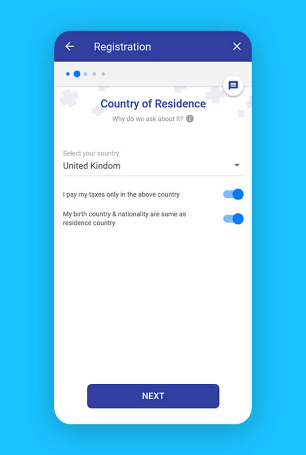 mobile screens of application questionnaire process - country details