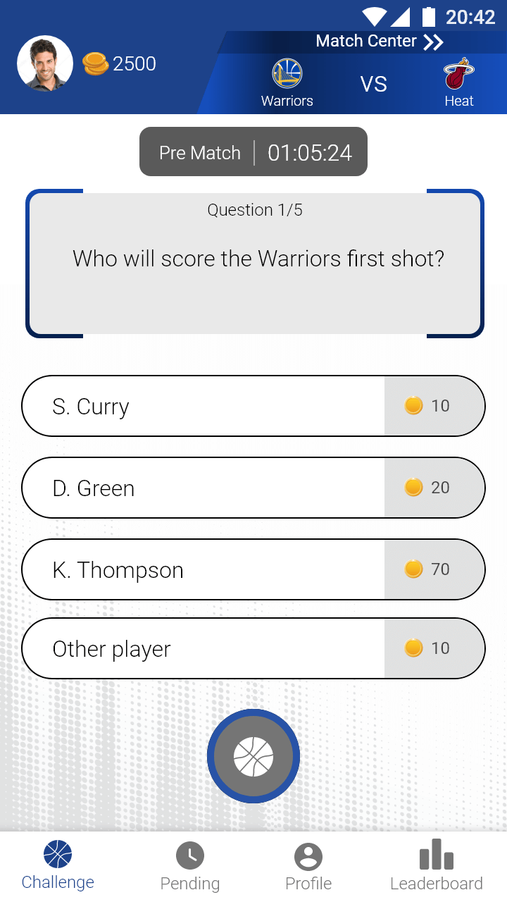 Sport-Quest app basketball pre match question screen