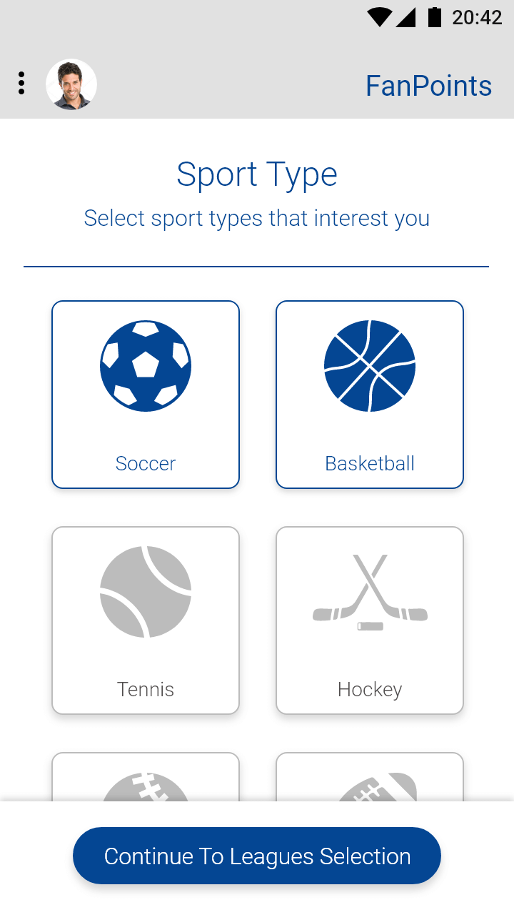 Sport-Quest personalization sport type selection screen