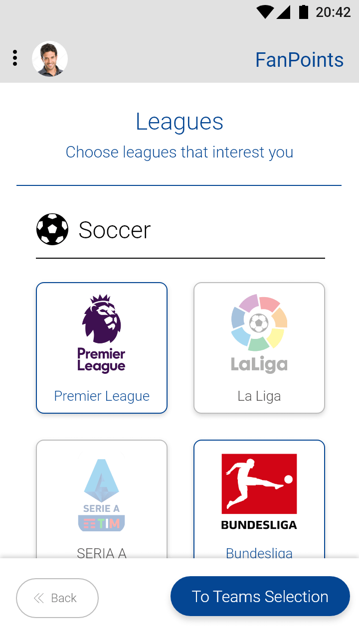 Sport-Quest personalization league type selection screen - selected