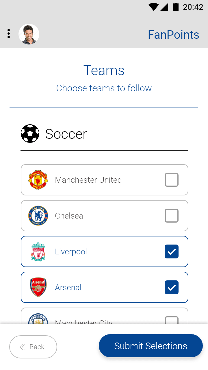 mobile screen of application onboarding process - choose teams