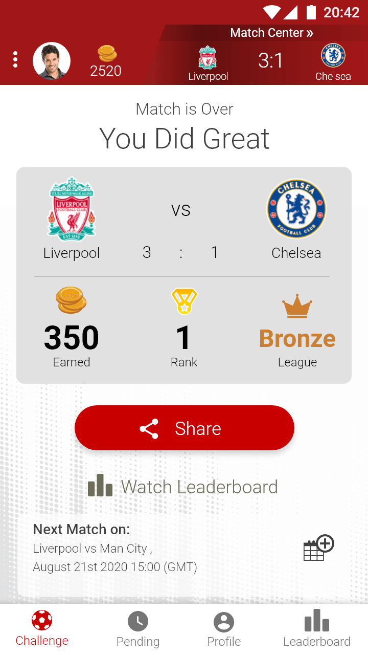Sport-Quest app finish match screen