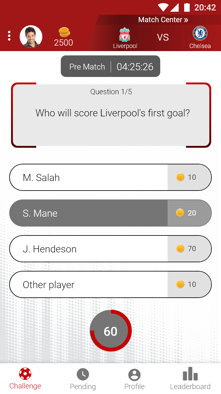 Sport-Quest app prematch question selected answer screen