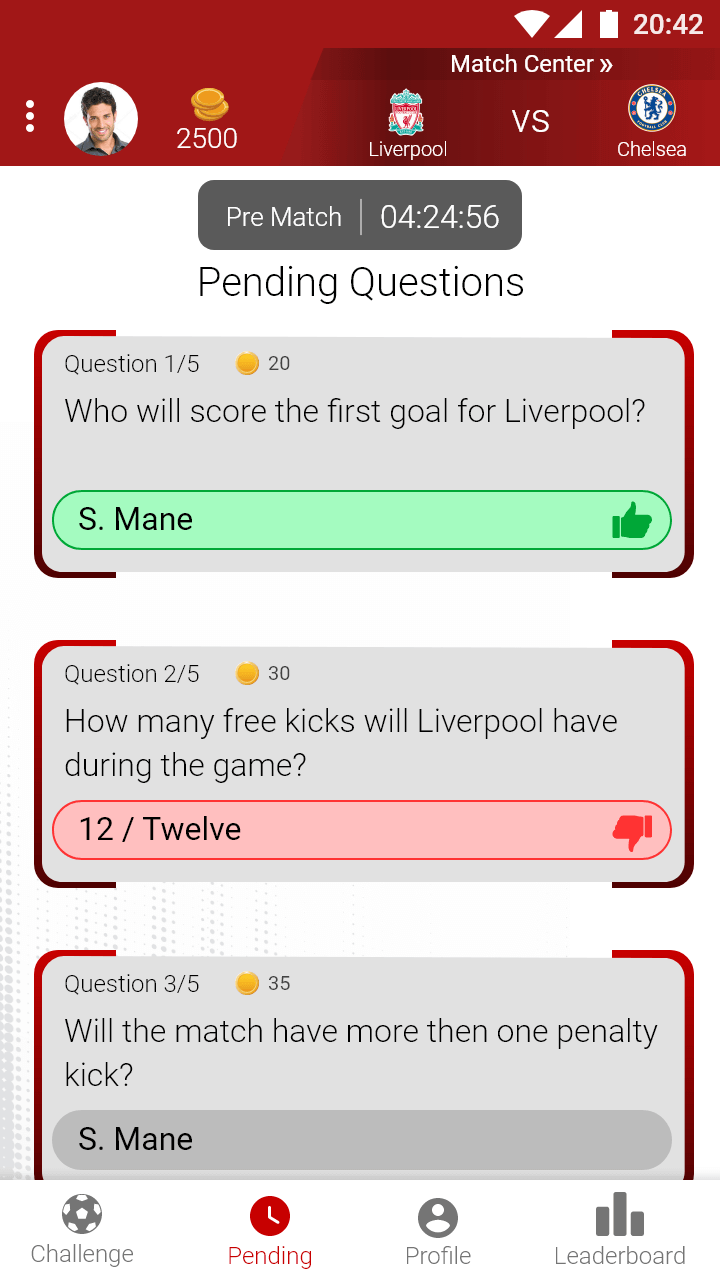 Sport-Quest app prematch pending with results screen
