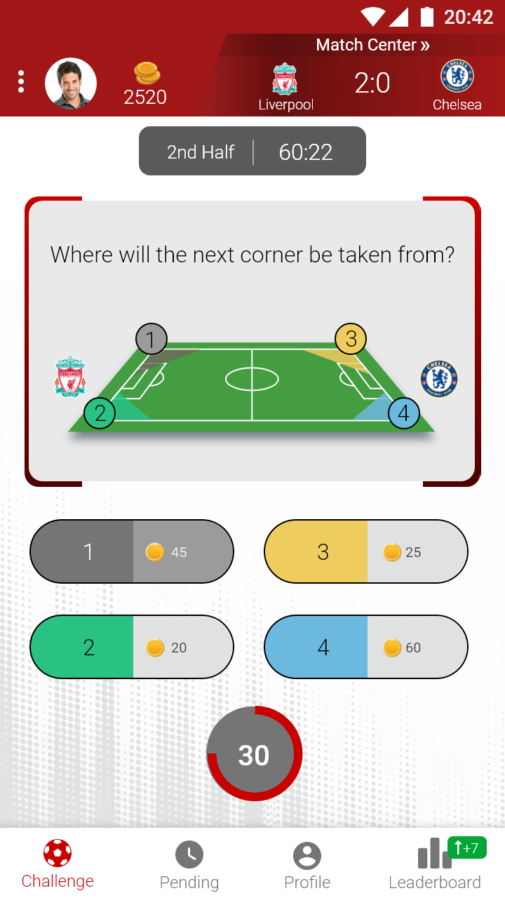 Sport-Quest app select corner kick area on image question screen selected