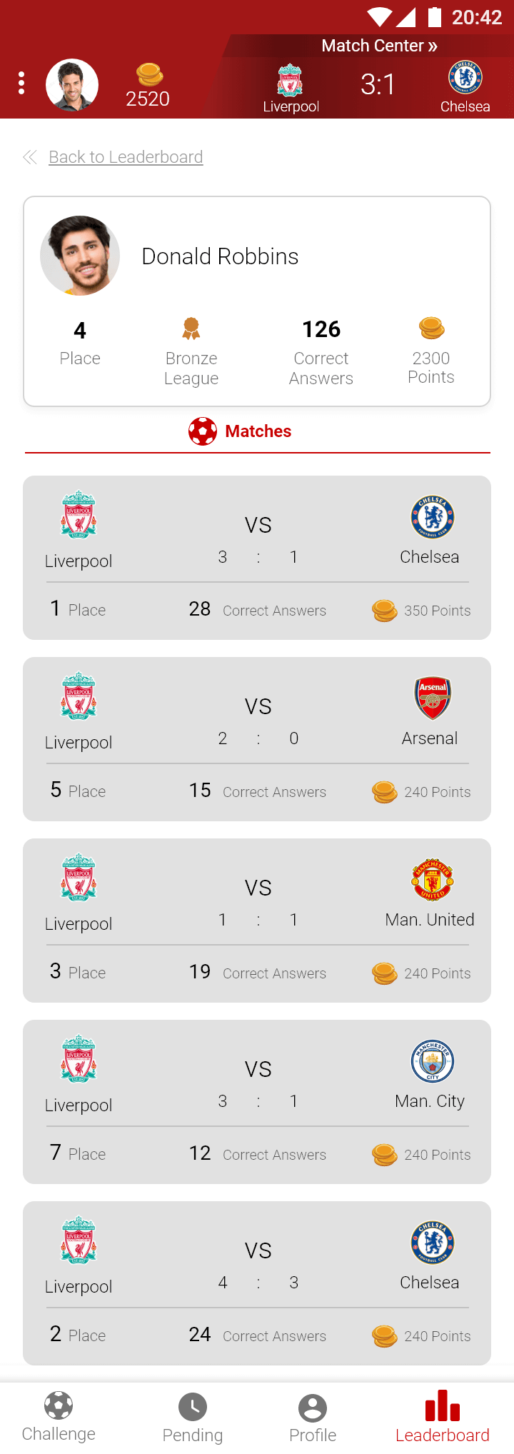Sport-Quest app compatitor profile screen selected