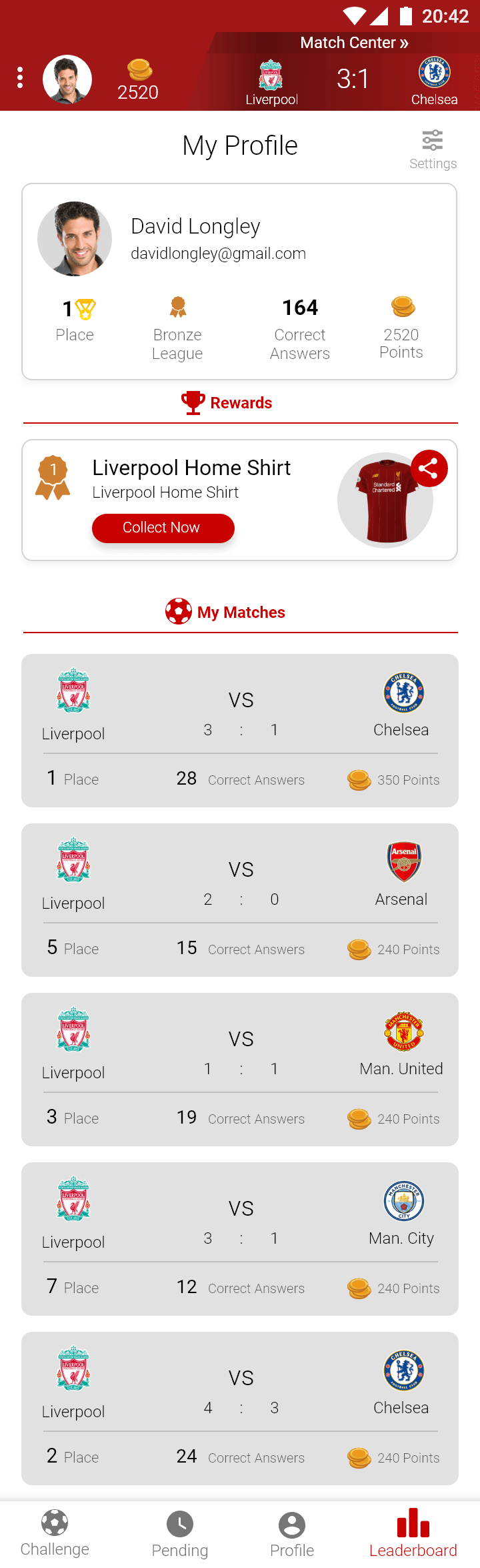 Sport-Quest app user profile screen