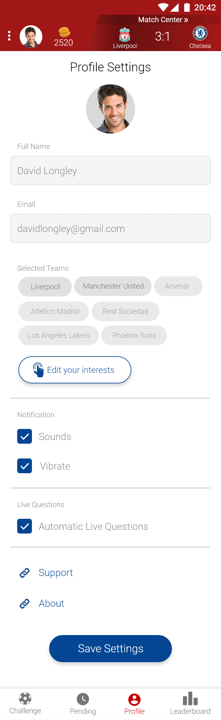 Sport-Quest app user settings screen