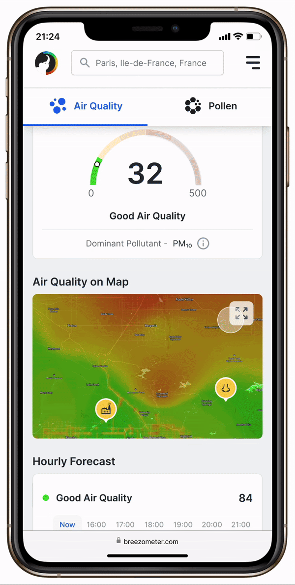 Breezometer mobile web app demo for Web App feature innovation - menu CTA button and bottom sheet